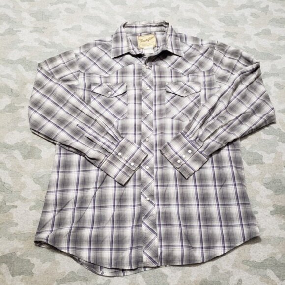 Other - Wrangler Shirt Mens XL Gray Western Pockets Pearl Snap Long Sleeve Plaid